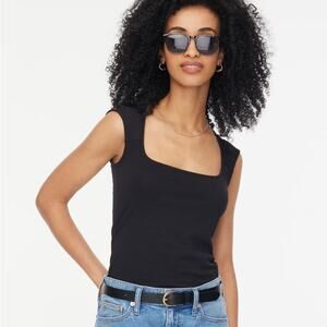 J.Crew Cap-Sleeve Stretch Cotton-Blend Squareneck Tank Top WMNS S Black Pullover